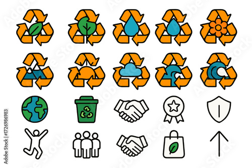 Eco Icon Array. Eco Upcycled Items in modern flat vector : upcycled item with leaf, upcycled item with tree, upcycled item with water drop, upcycled
