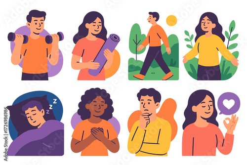 Stress Management Tools. Stress Management in modern flat vector : coping tool with exercise, coping tool with yoga mat, coping tool with outdoor walk
