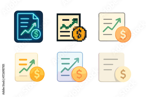 Vibrant Income Trackers. Creative Styles in modern flat vector : neon glowing income tracker, pixel art income tracker, hand-drawn sketch income