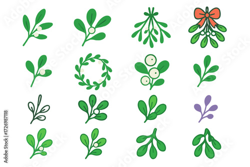Vibrant Mistletoe Icons. Mistletoe Basics in modern flat vector : mistletoe branch, mistletoe with berries, hanging mistletoe, mistletoe tied with