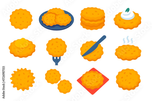 Modern Latke Icons. Latkes Variations in modern flat vector : single latke, plate with latkes, stack of latkes, latke with sour cream, latke with