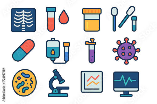 Diagnostic Icons Overview. Diagnostic Lab Tests in modern flat vector : test with X-ray, test with blood drop, test with urine sample, test with swab,