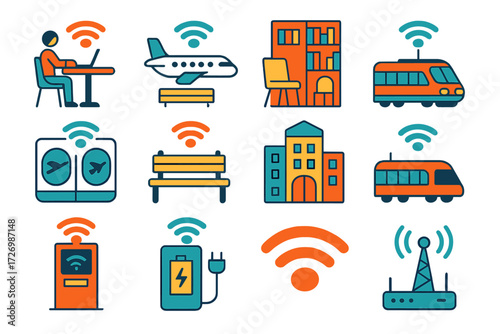Urban Wifi Icons. Public Wifi in modern flat vector : cafe with wifi, park bench with signal, airport wifi, library wifi, train with wifi, hotel wifi,