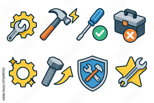Isometric Tool Icons. Symbols set icons in modern isometric flat : wrench with gear, hammer with spark, screwdriver with checkmark, toolbox with cross