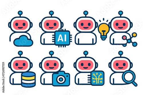 Smart Bot Icons. Tech Context in modern flat vector : smart bot with cloud, smart bot with AI chip, smart bot with light bulb, smart bot with network