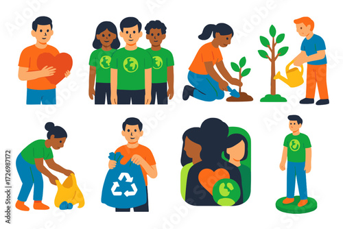 Eco Volunteer Icons. Volunteer Variations in modern flat vector : single person volunteer, group of eco volunteers, person planting sapling, person