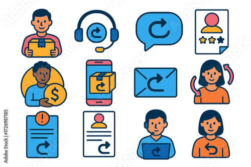 Customer Returns Icons. Customer Returns in modern flat vector : person holding return package, customer service with return arrow, headset with