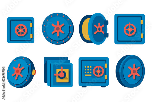 Vault Door Icons. Vault Variations in modern flat vector : small vault door, large vault door, open vault door, closed vault door, tilted vault door,