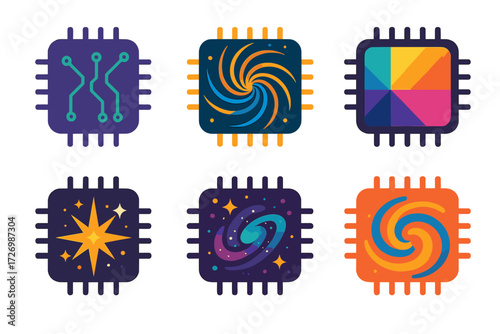 Quantum Chip Designs. Creative Quantum Chip in modern flat vector : abstract circuit chip, fractal chip design, colorful prism chip, chip with