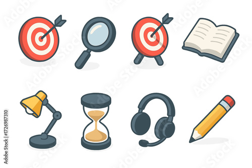 Essential Focus Icons. Focus essentials set icons in modern isometric flat : target, magnifying glass, bullseye arrow, open book, desk lamp, hourglass