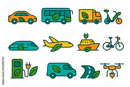 Eco-Friendly Transportation Icons. Transport Emission-Free in modern flat vector : electric car, electric bus, electric truck, scooter with leaf,