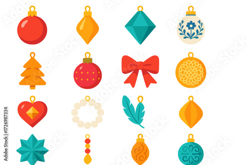 Vibrant Ornaments Collection. Decorative Ornaments in modern flat vector : glass ornament, metallic ornament, crystal ornament, porcelain ornament,