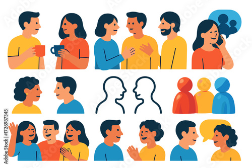 Social Break Icons. Basic Social Breaks in modern flat vector : people chatting with coffee, group talking during break, person on phone with friends,