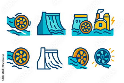 Minimal Hydropower Icons. Basic Hydropower in modern flat vector : water turbine with river flow, dam with water flow, hydropower plant with turbine,