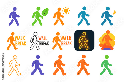 Varied Walk Break Icons. Walk Break Basics in modern flat vector : simple walking figure, walking with leaf, walking with sun, walking with moon, bold