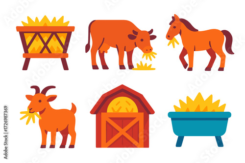 Livestock and Hay Icons. Livestock Use in modern flat vector : hay feeder, cow with hay, horse eating hay, goat with straw, stable storage, hay trough