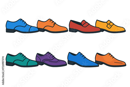 Vibrant Dress Shoe Icons. Basic Dress Shoes in modern flat vector : classic oxford shoe, derby shoe, loafer shoe, monk strap shoe, cap-toe shoe,
