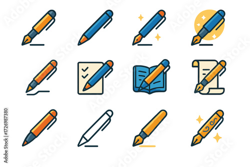 Modern Pen Icons. Resolution Pen Basics in modern flat vector : simple fountain pen, ballpoint pen, ink pen with spark, pen with glowing aura, pen