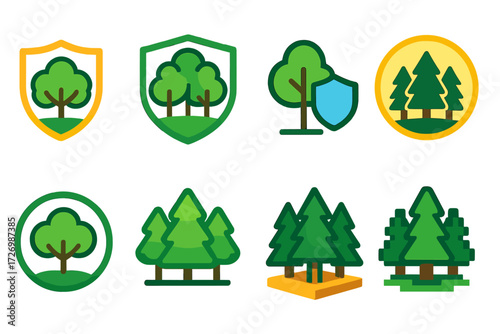 Vibrant Forest Icons. Forest Variations in modern flat vector : small protected forest, large protected forest, single tree with shield, pine forest