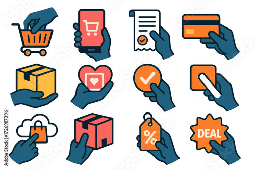 Digital Shopping Icons. Ecommerce Grab Deal in modern flat vector : hand grabbing cart, hand with mobile app, hand with online receipt, hand with