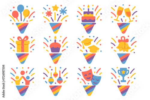 Colorful Celebration Icons. Festive Popper Bursts in modern flat vector : popper with balloons, popper with fireworks, popper with cake, popper with