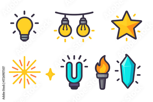 Vibrant Light Icons. Light Variations in modern flat vector : single bulb, double bulbs, string of lights, glowing star, firework spark, neon light,
