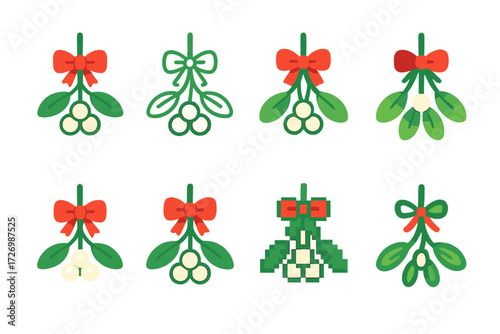 Modern Mistletoe Icons. Mistletoe Styles in modern flat vector : flat mistletoe icon, outline mistletoe icon, bold mistletoe icon, gradient mistletoe