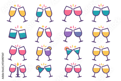 Cheers Icons Collection. Celebration Cheers in modern flat vector : New Year’s champagne toast, wedding glasses clinking, birthday party cheers,