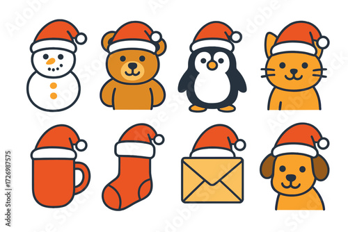 Whimsical Santa Hats. Playful Santa Hats in modern flat vector : Santa hat on snowman, Santa hat on teddy bear, Santa hat on penguin, Santa hat on cat