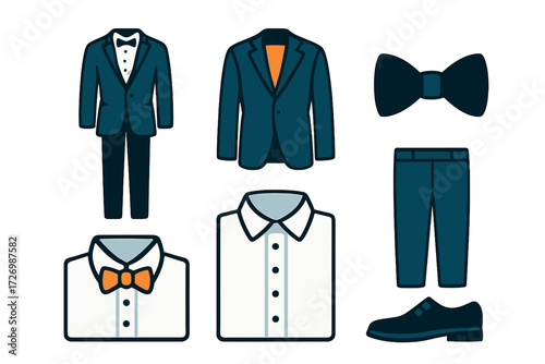 Minimal Tuxedo Icons. Classic Tuxedo in modern flat vector : full tuxedo suit, tuxedo jacket, tuxedo bow tie, tuxedo shirt with studs, tuxedo pants,