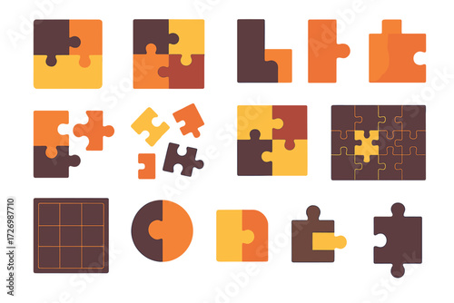 Colorful Puzzle Icons. Puzzle basics set of icons in abstract flat : single puzzle piece, four connected pieces, corner piece, edge piece,