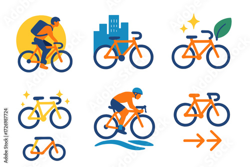 Vibrant Bike Commute. Bike Commute in modern flat vector : cyclist with backpack, bike with city skyline, bike with sparkles, bike with eco leaf,