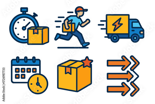 Express Shipping Icons. Express Shipping in modern flat vector : stopwatch with parcel, running courier, lightning fast truck, scheduled delivery,