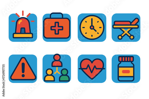 Modern Hospital Icons. Emergency & Care in modern flat vector : hospital sign with emergency light, hospital sign with first aid kit, hospital sign