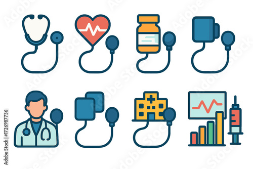 Health equipment flat icon set. featuring stethoscope, heart, medication, blood pressure, doctor, hospital, monitor, syringe.