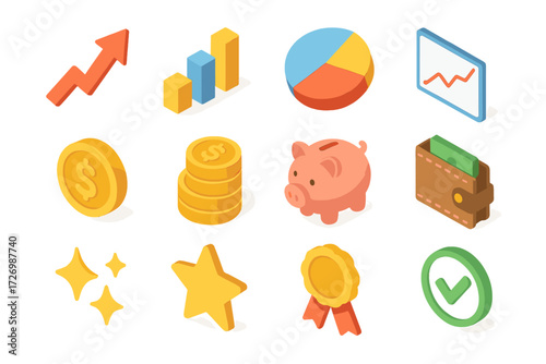 Isometric Finance Icons. Basic margin boost set icons in modern isometric flat : upward arrow, bar chart, pie chart, line graph, dollar coin, coin