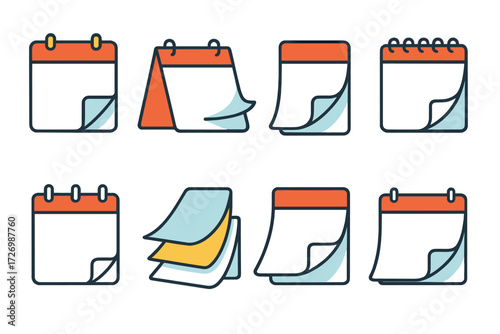 Minimalist Calendar Icons. Basic Calendar Flips in modern flat vector : wall calendar with flip page, desk calendar flipping, single sheet calendar