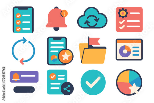 Task Management Icons. Digital priority tracking in modern flat vector : smartphone checklist, notification alert, cloud sync tasks, settings gear