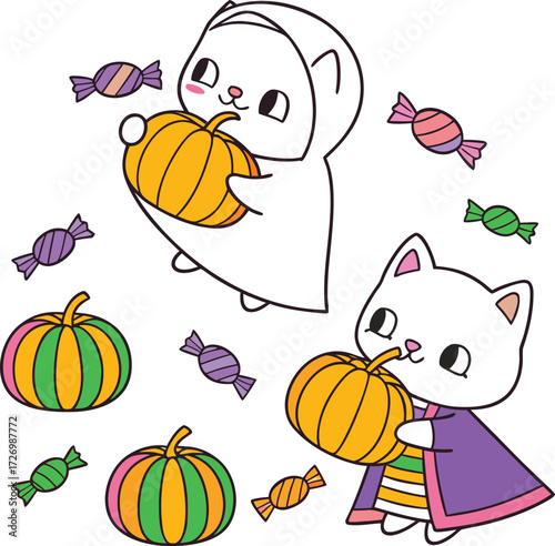 The autumn seamless vector pattern features a cartoon set of orange pumpkin and leaf illustrations for your Halloween, Thanksgiving, or fall holiday design