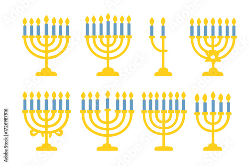 Vibrant Menorah Designs. Menorah in modern flat vector : classic menorah with candles, menorah with all candles lit, menorah with single candle lit,