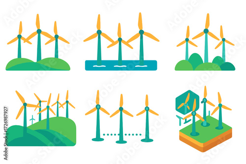 Vibrant Wind Turbines. Farm Variations in modern flat vector : three turbines together, offshore wind farm, small turbine cluster, large wind field,