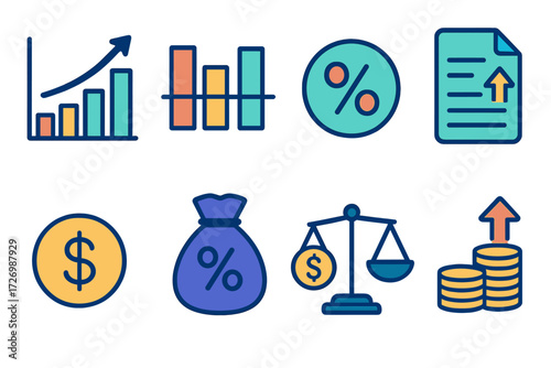 Financial Icons Collection. Financial Margin in modern flat vector : profit bar chart, expense vs profit chart, margin percentage icon, revenue