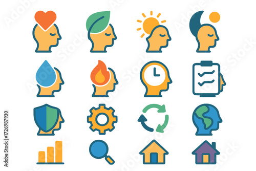 Functional Mindful Icons. Functional Mindful Moments in modern flat vector : mindful moment with heart, mindful moment with leaf, mindful moment with