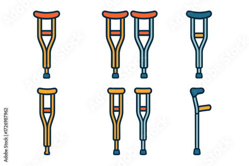 Modern Crutches Icons. Classic Crutches in modern flat vector : single crutch, pair of crutches, wooden crutch, metal crutch, underarm crutch, forearm