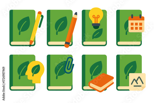 Eco Journal Icons. Sustainability & Creativity in modern flat vector : eco journal with pen, eco journal with pencil, eco journal with ideas, eco