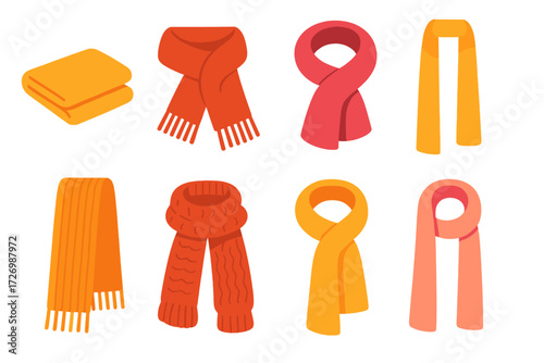Colorful Scarf Icons. Basic Warm Scarves in modern flat vector : folded scarf, scarf with tassels, scarf wrapped in loop, long hanging scarf, knitted