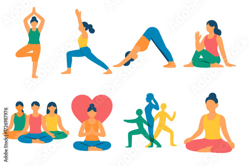 Colorful Yoga Icons. Yoga Variations in modern flat vector : tree pose, warrior pose, downward dog pose, seated twist, group yoga, yoga with heart,