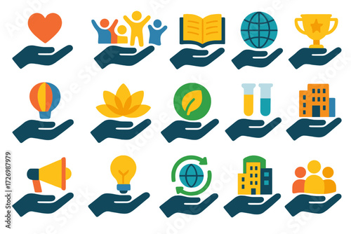 Support Hands Collection. Event Support Hands in modern flat vector : support hand charity event, support hand community project, support hand school