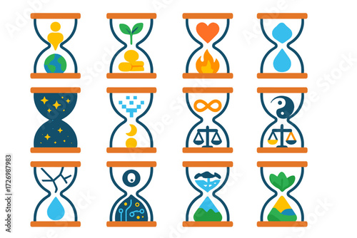 Symbolic Hourglass Icons. Symbolic Hourglasses in modern flat vector : life cycle hourglass, growth plant in hourglass, money coins in hourglass,