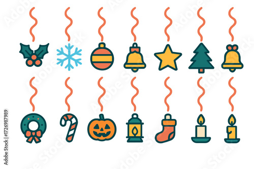Festive Streamer Icons. Holiday Party Streamers in modern flat vector : streamer with holly, streamer with snowflake, streamer with ornament, streamer